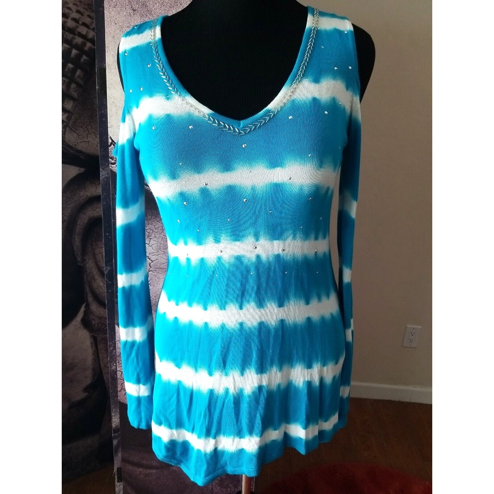 Fontana Womens Teal White Sweater Rhinestone Embellished Cold Shoulder‎ Top M
